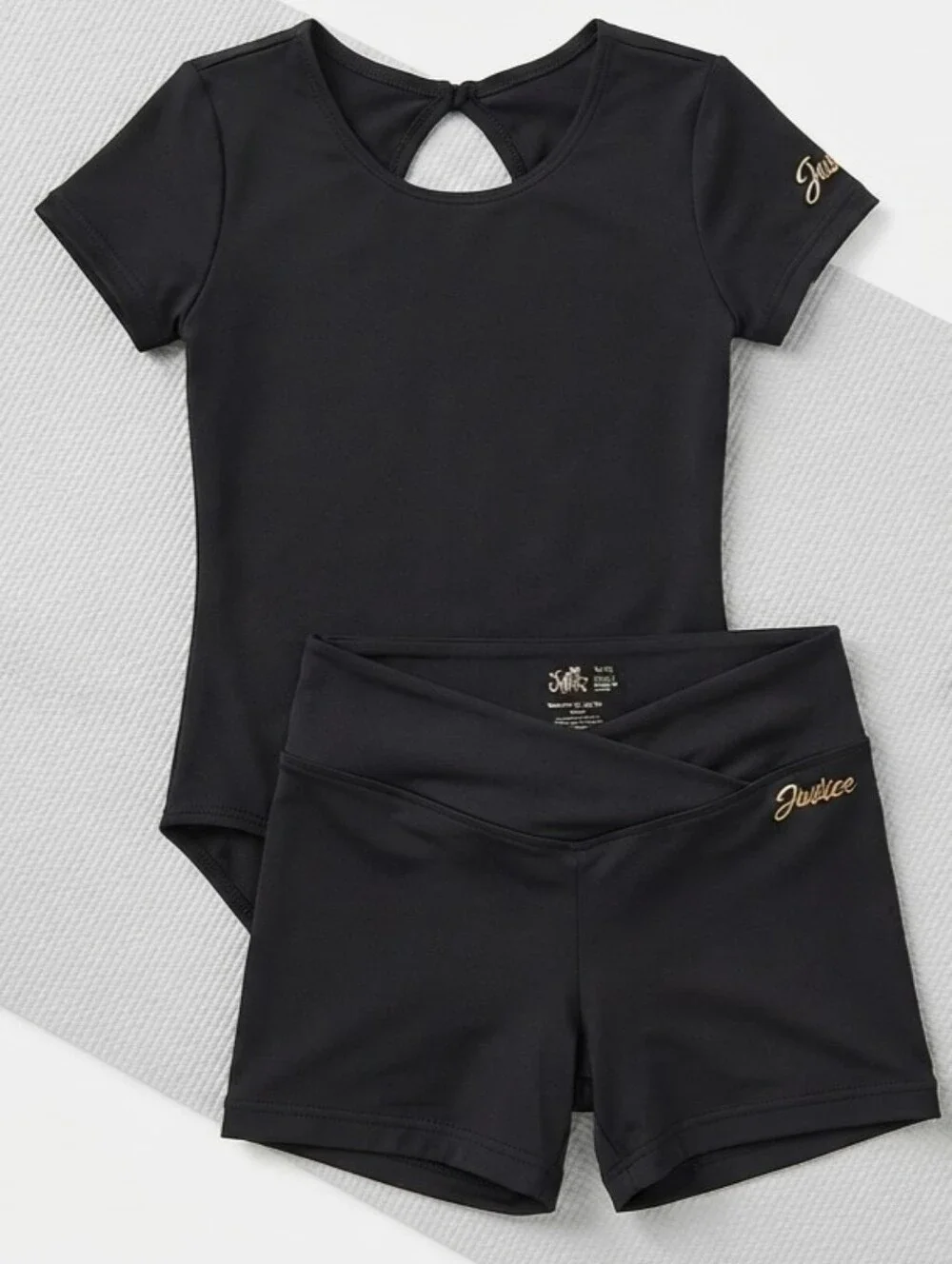Justice Girls Gymnastics Leotard & Shorts Set Black Twist Back Gold Logo M 10